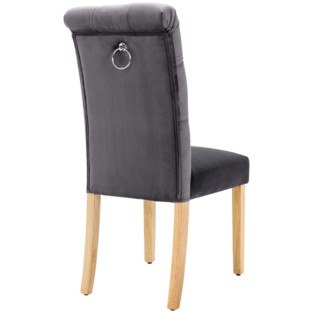 Set di 2 sedie da sala da pranzo in velluto grigio con gambe in legno di quercia, schienale curvo e design capitonné