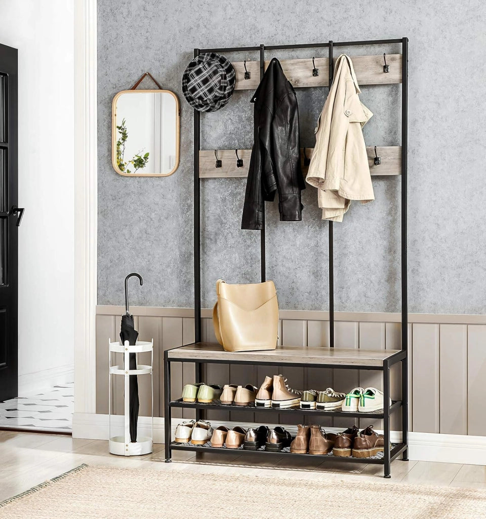 VASAGLE Appendiabiti con Panca Scarpiera, Attaccapanni con 12 Ganci e Ripiani, Scaffale per Corridoio, Ufficio, Camera da Letto, Struttura in Acciaio, Stile Industriale, Greige e Nero HSR086B02