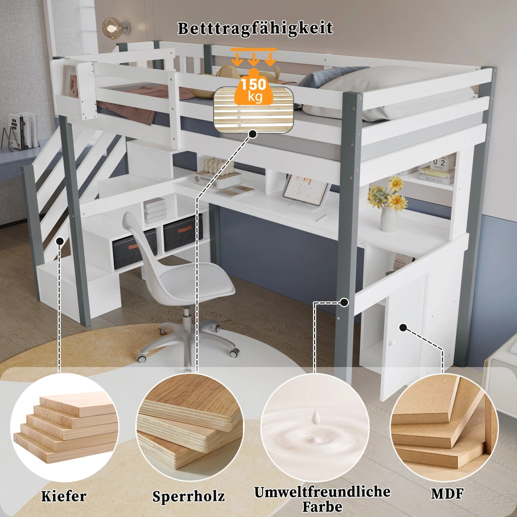 Letto a castello bianco grigio con funzione contenitore in legno e MDF 90x200 cm