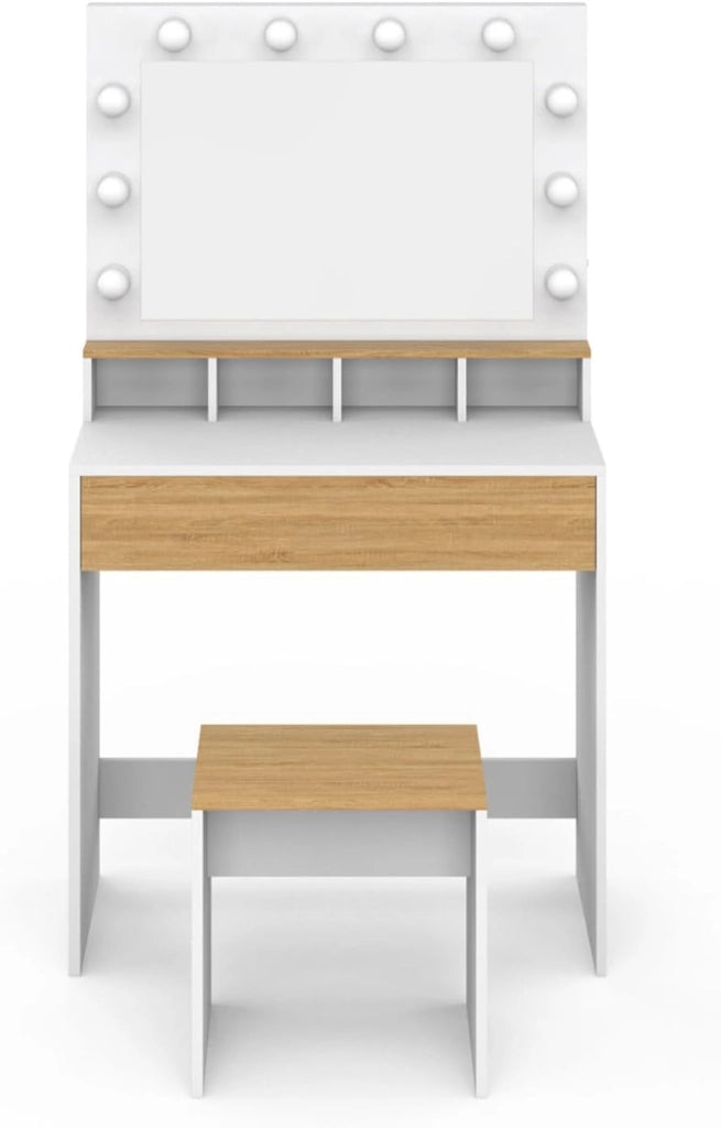 Mueble de tocador ZELIA blanco y haya con espejo LED, 4 huecos, 1 cajón y taburete
