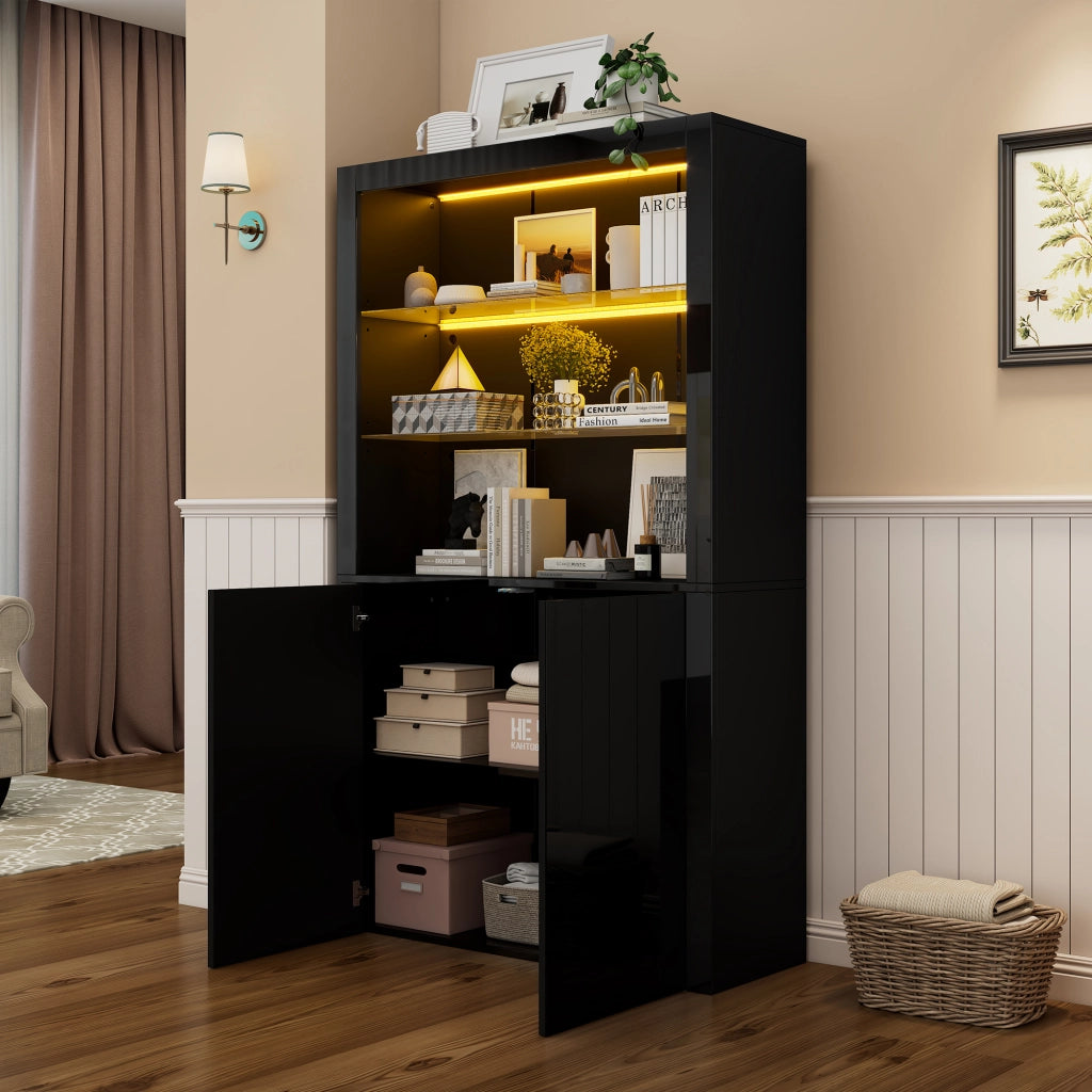 Vetrina con LED e 2 ante, 2 vani contenitore, per soggiorno, in MDF, truciolare e vetro, nera, 100 × 35 × 170 cm