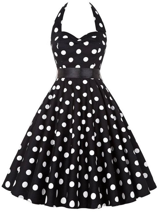 Vestito da donna anni '50 - Cocktail da sera - Abito da festa - Polka dotti - Tela aderente poliester - Cintura regolabile