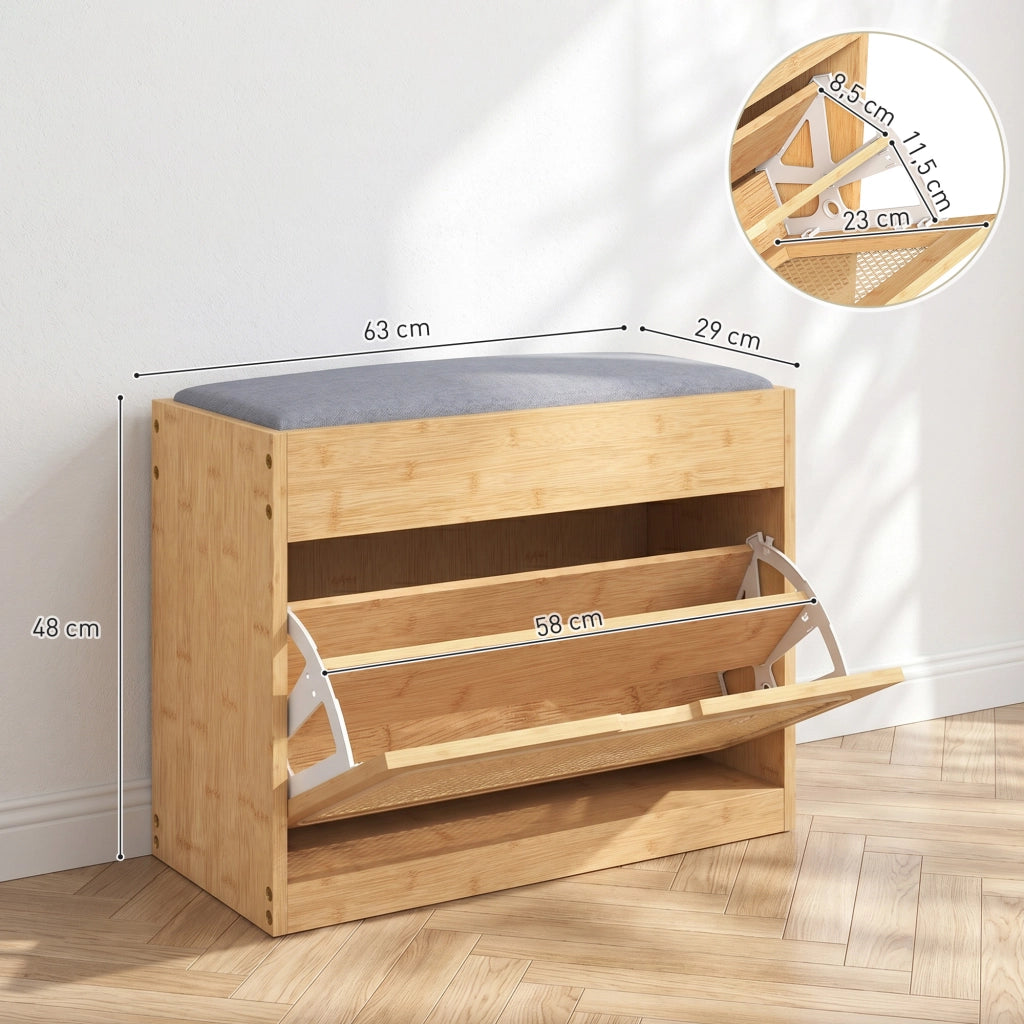 Banc chaussures entr¨¦e ¨C zephmum ¨C panca in bamb¨´ con seduta imbottita, porta in rotin e ripiano regolabile
