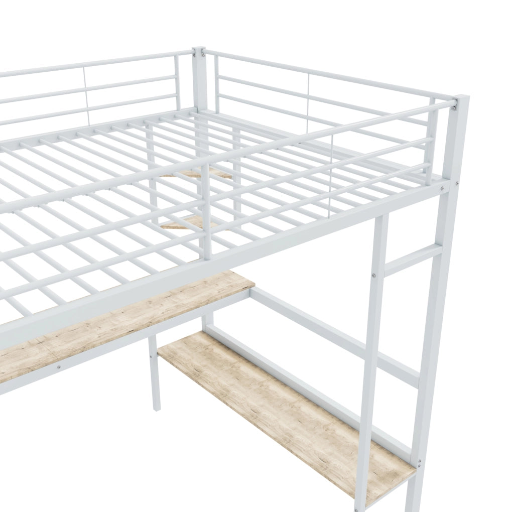 Letto a soppalco 140x200 cm con scrivania e libreria in metallo bianco