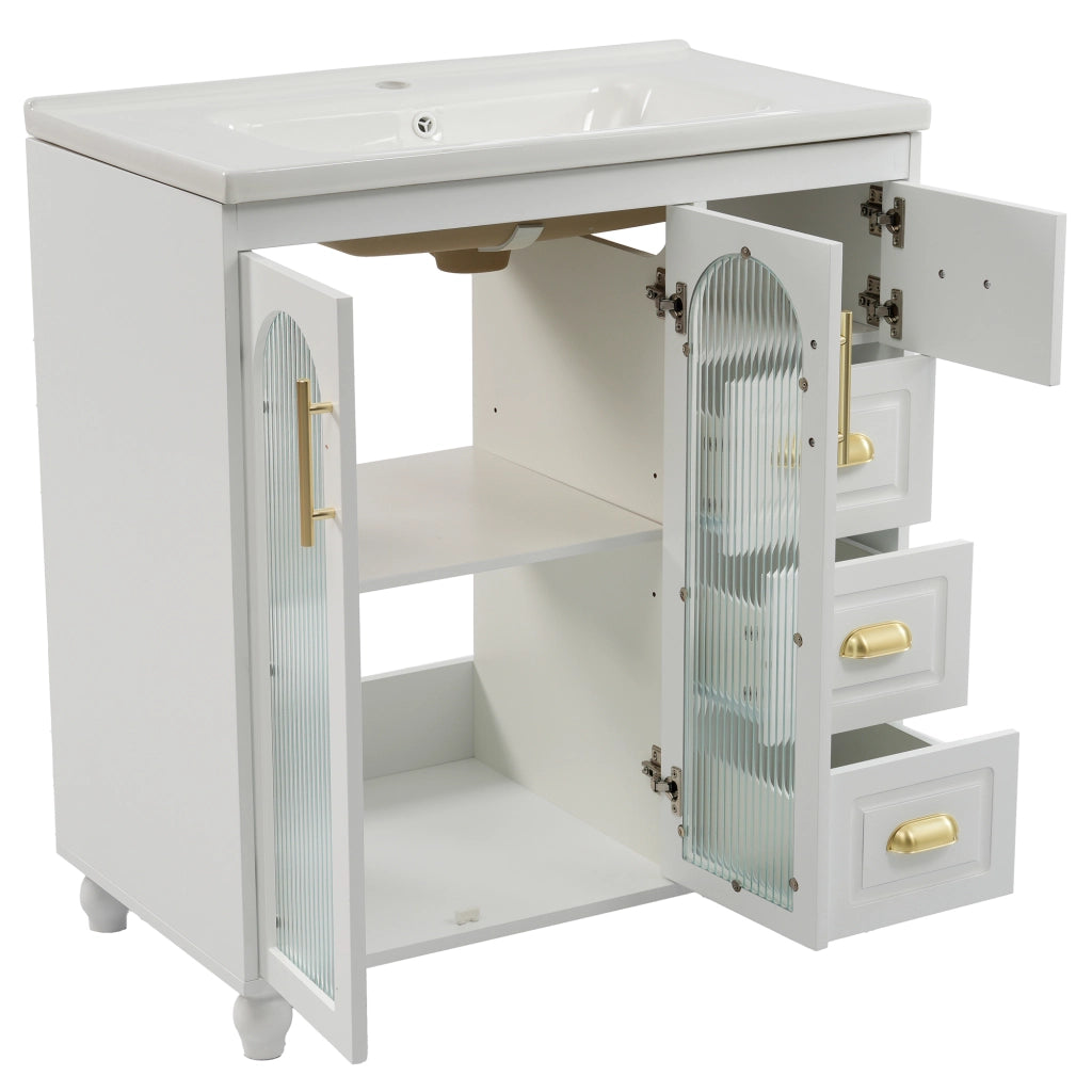 Mobile sottolavabo con 2 ante; 1 anta e 3 cassetti - per bagno - in MDF - bianco
