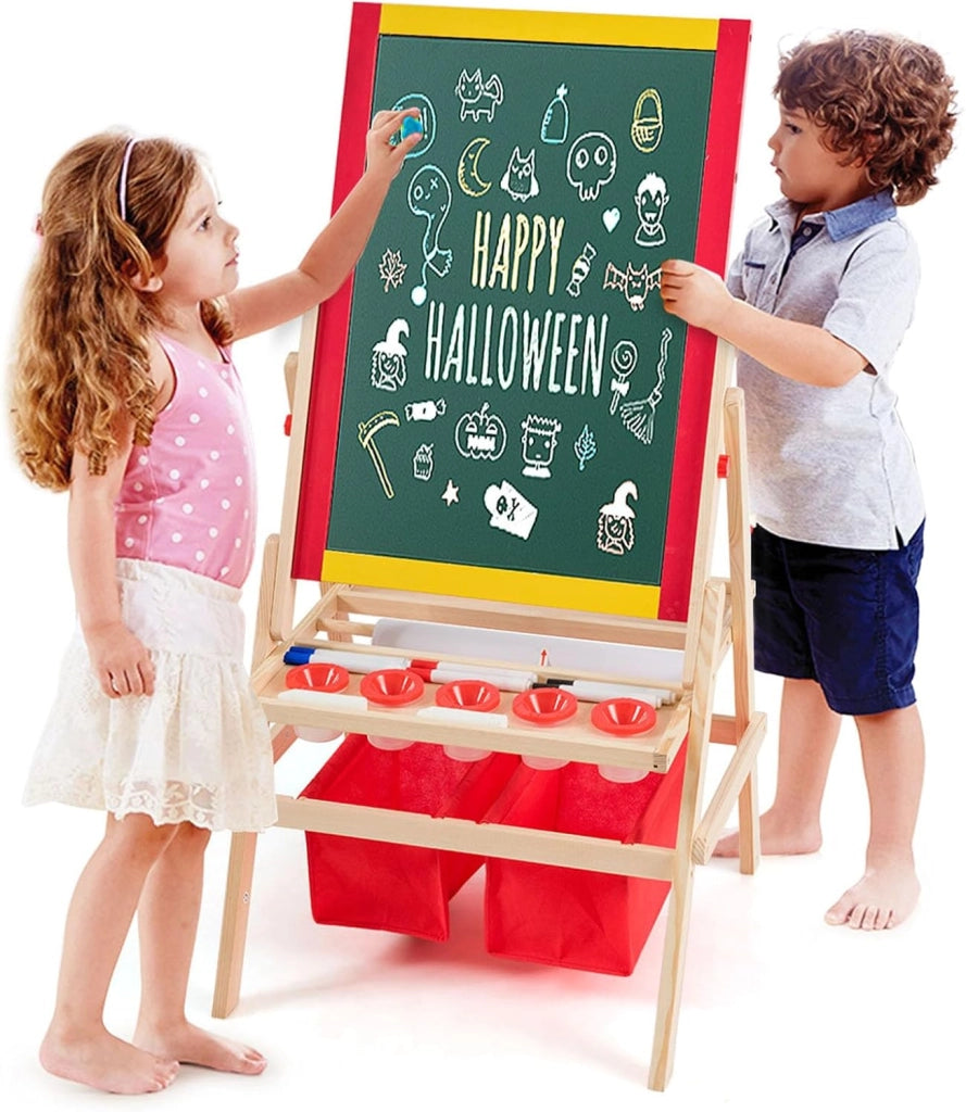 Cavalletto per Bambini 3 in 1, Lavagna Bifacciale, Cavalletto per Disegnare, con Rotolo di Carta, Magnetica, Accessori Completi, in Legno (52,5x51,5x106,5cm)