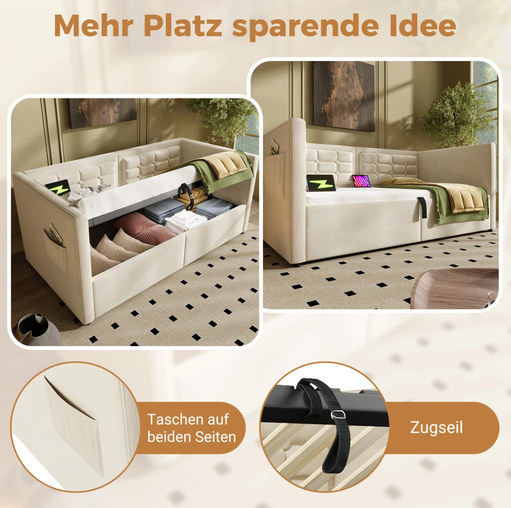 Divano letto 90x200 cm in velluto beige con vano contenitore idraulico e ricarica USB/Type-C