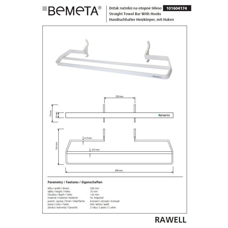 Portasciugamani doppio bianco per radiatore RAWELL 59x7,5x15cm