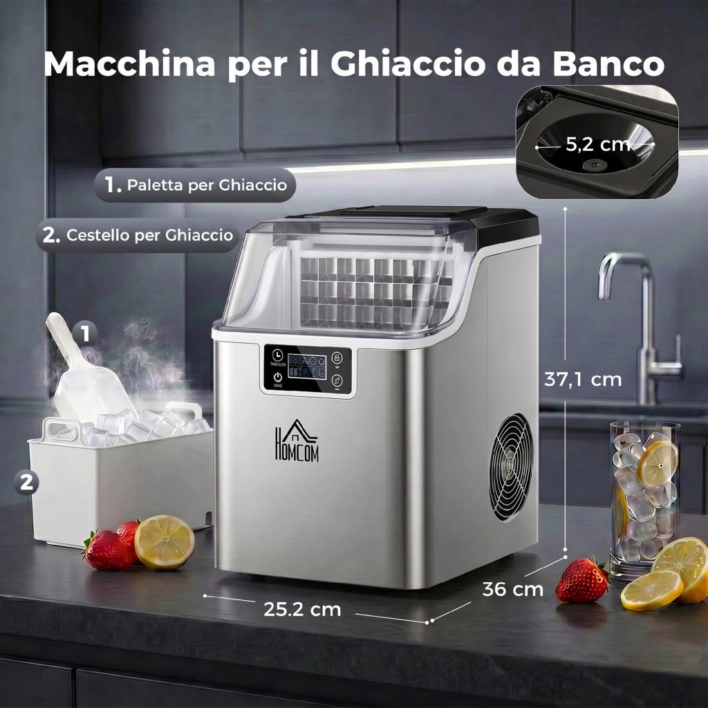 Macchina del Ghiaccio Autopulente da 24 Cubetti ¨C Minimal ¨C Acciaio Inox 25.2x36x37.1 cm
