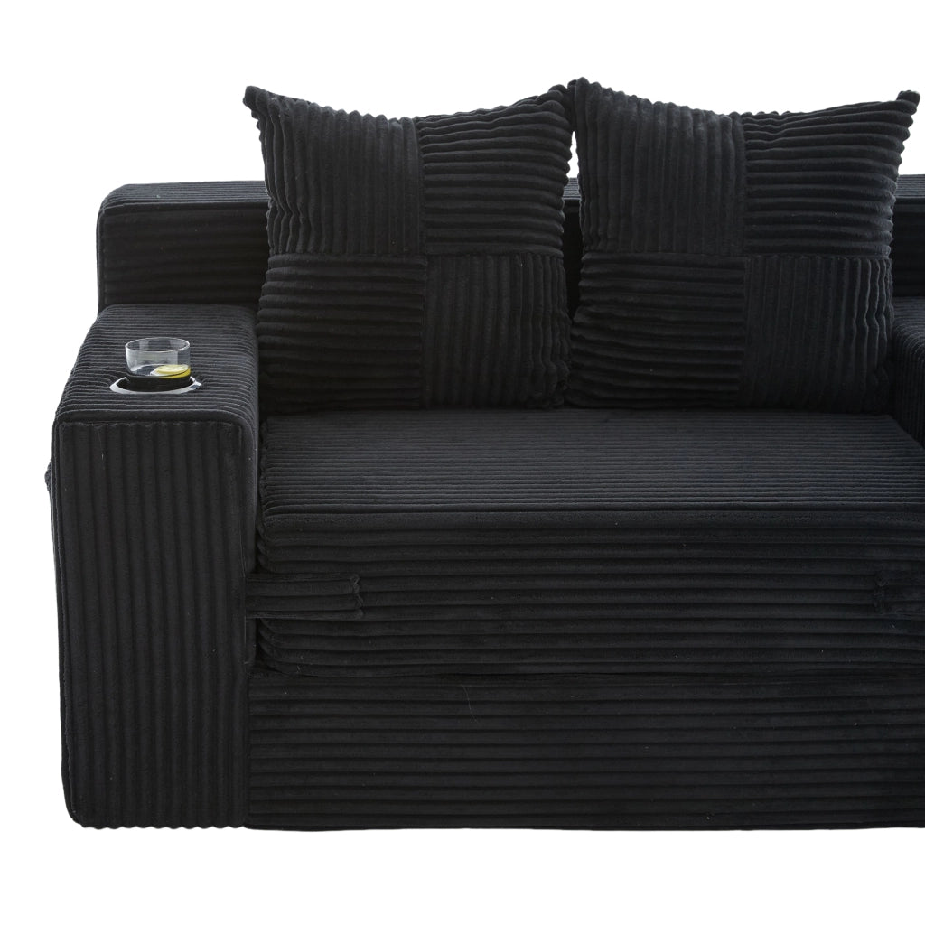 Divano pouf 151x133x64 cm con tasche laterali in velluto a coste nero