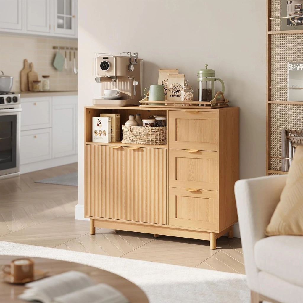 Credenza con 3 Cassetti, 2 Ante e 1 Scomparto Aperto, Mobile da Cucina Salvaspazio in Legno, con Ripiano Regolabile, per Soggiorno, Cucina, 90x35x80 cm, Effetto Legno