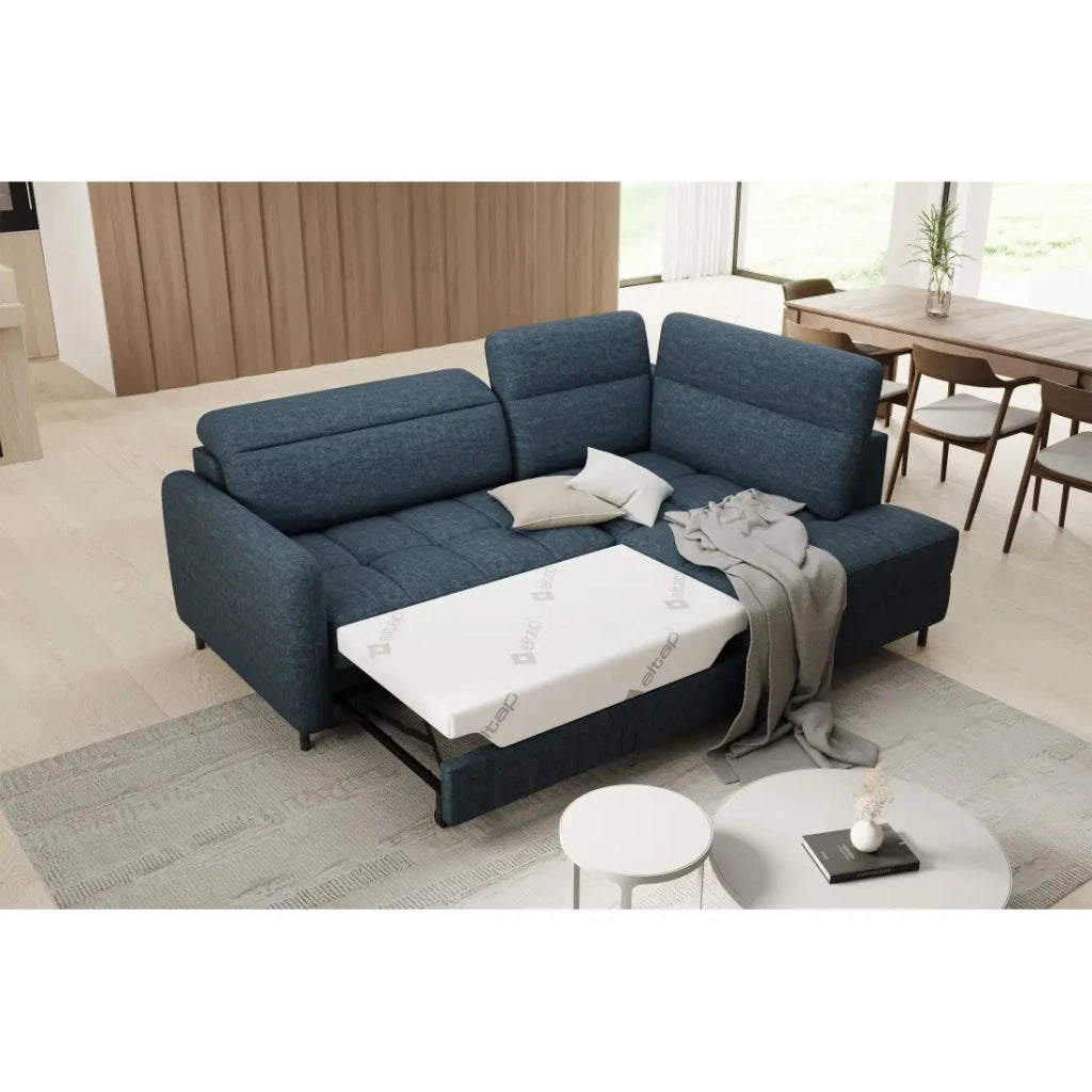 Divano angolare destro convertibile BARNEA 208 cm blu scuro con contenitore
