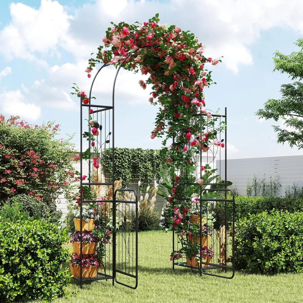 Arco da Giardino 220 cm, Pergolato con Cancello, Ripiani per Piante, Graticci per Rampicanti, Arco in Metallo per Piante Rampicanti da Esterno, Decorazione per Matrimoni e Cerimonie