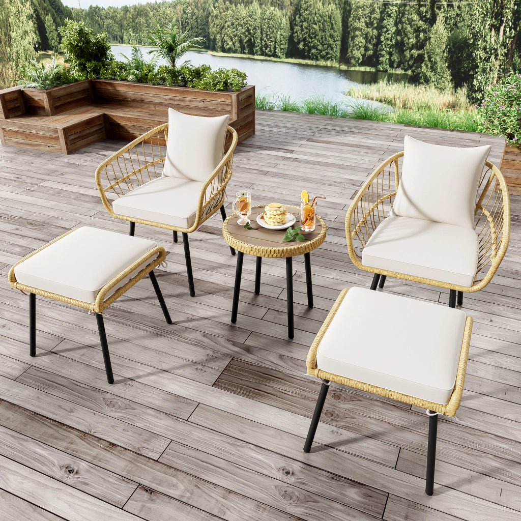 Set da terrazza con tavolo e sedie 2 sedie 2 sgabelli in rattan e tessuto bianco e naturale per esterni