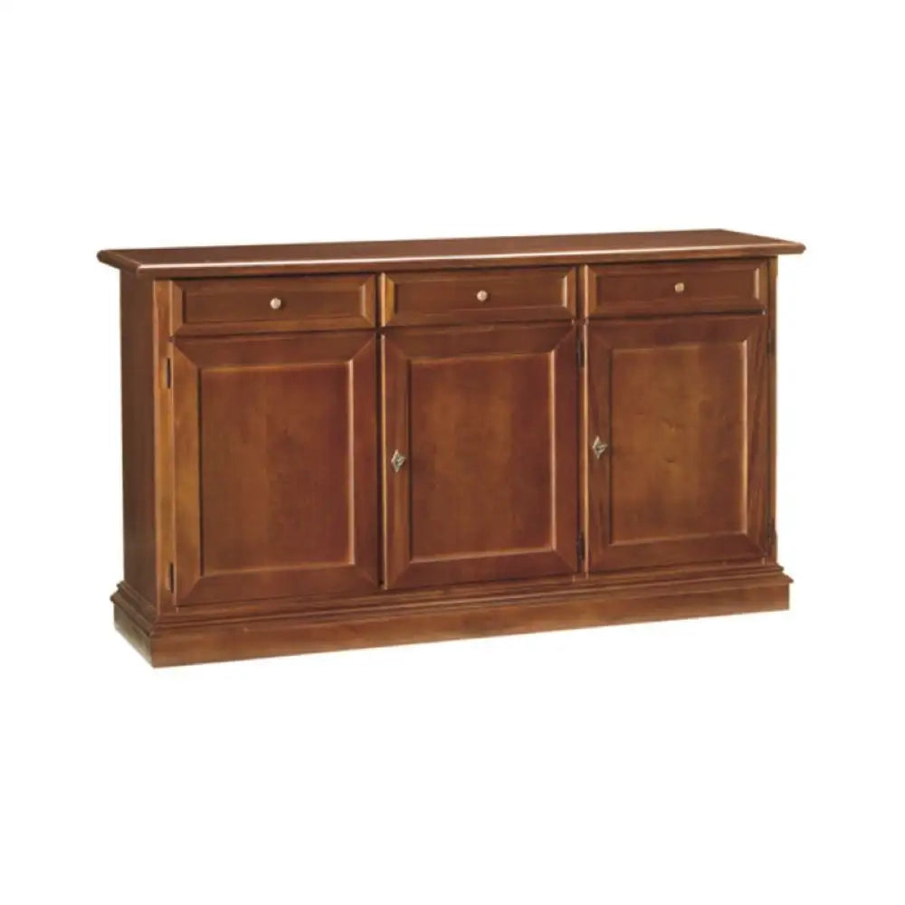 Credenza color noce con 3 ante e 3 cassetti, in stile classico,Â  in legno e mdf con rifinitura in noce lucido 156x42x85