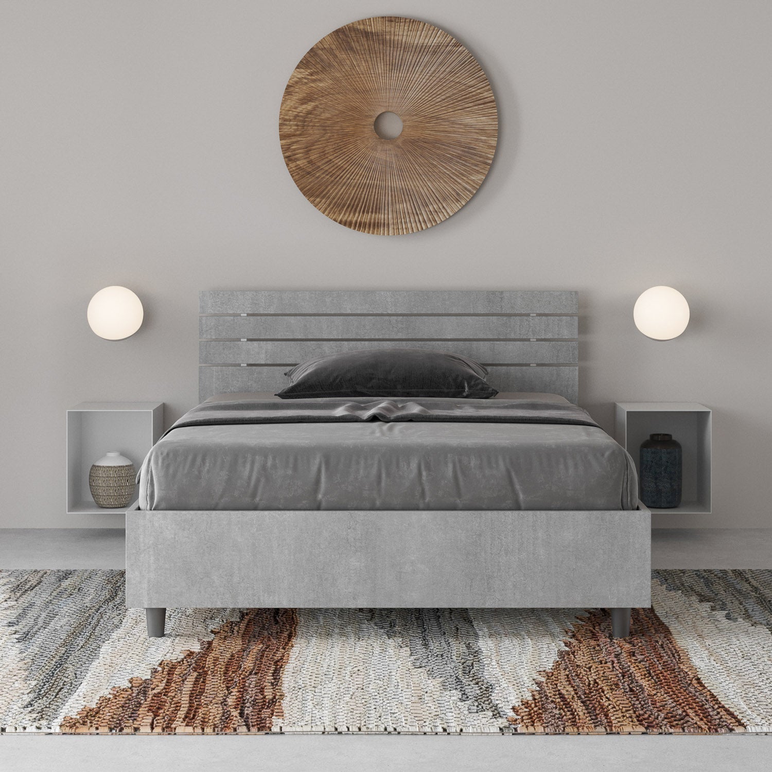 Letto 1 Piazza e Mezzo 120x190 cm con Rete e Contenitore Ankel Testata Doghe Dritta Cemento