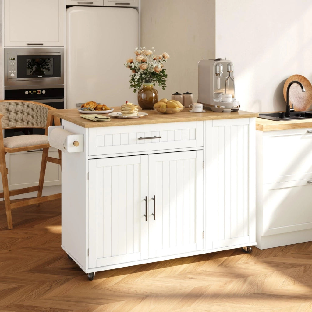 Isola da cucina mobile con piano ribaltabile, carrello portaoggetti, cassetto, ruote frenanti, 130x70x93 cm
