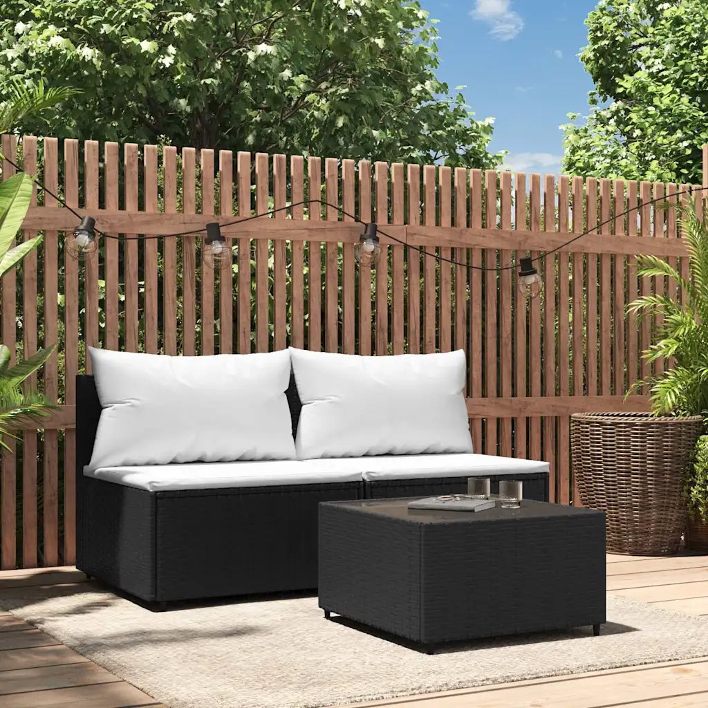 Set Divani da Giardino 3 pz | Set Salotto da Giardino con Cuscini Nero in Polyrattan