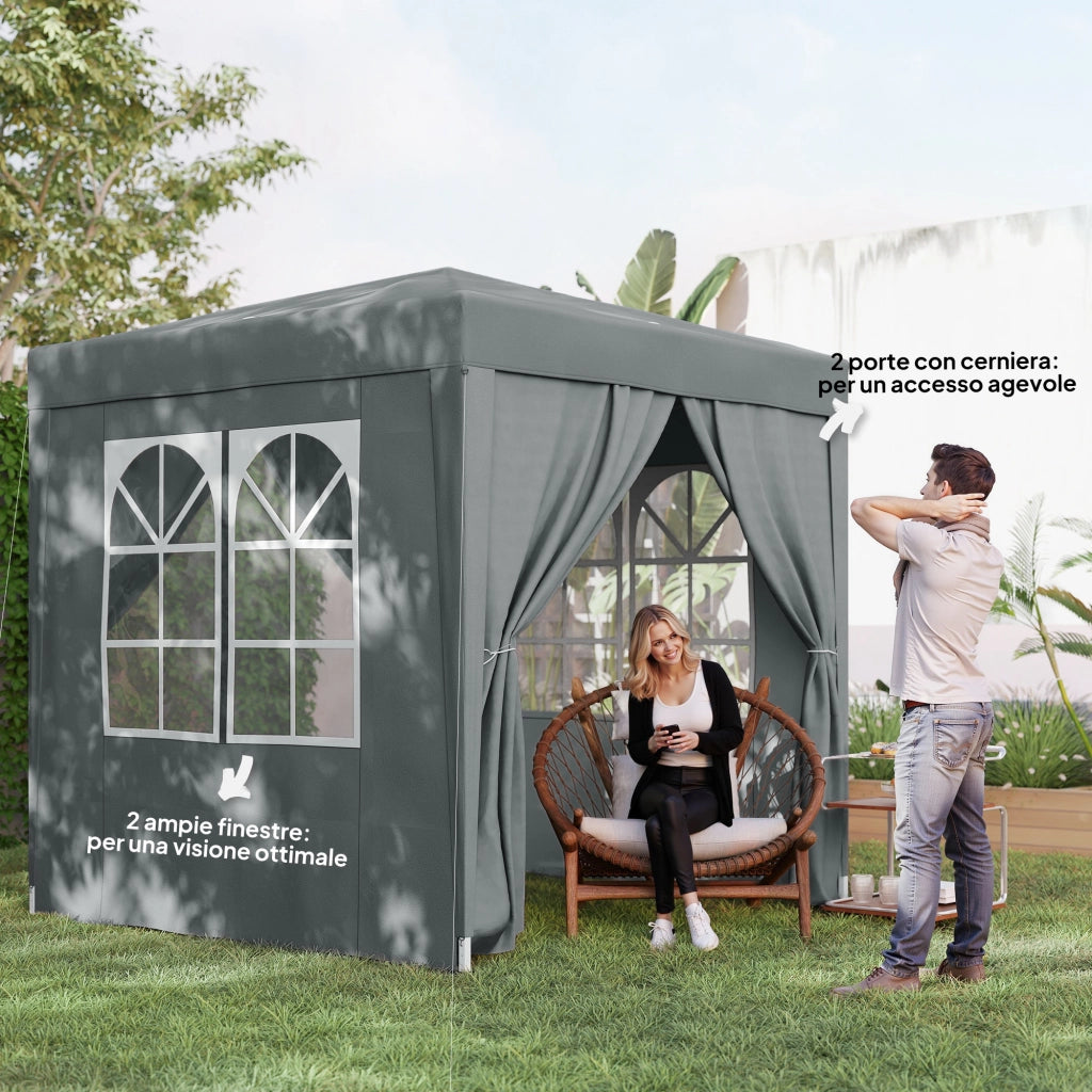 Gazebo Pieghevole 2x2 m con 4 Pareti Rimovibili in Metallo e Poliestere Grigio