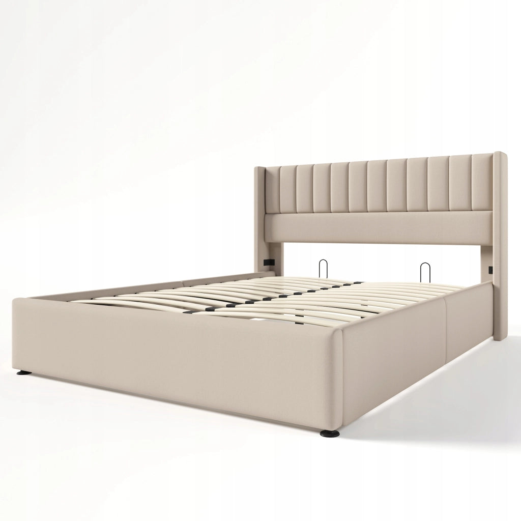 Letto matrimoniale con idraulica - Xylo - 160x200 - Beige - Tessuto di lino con materasso