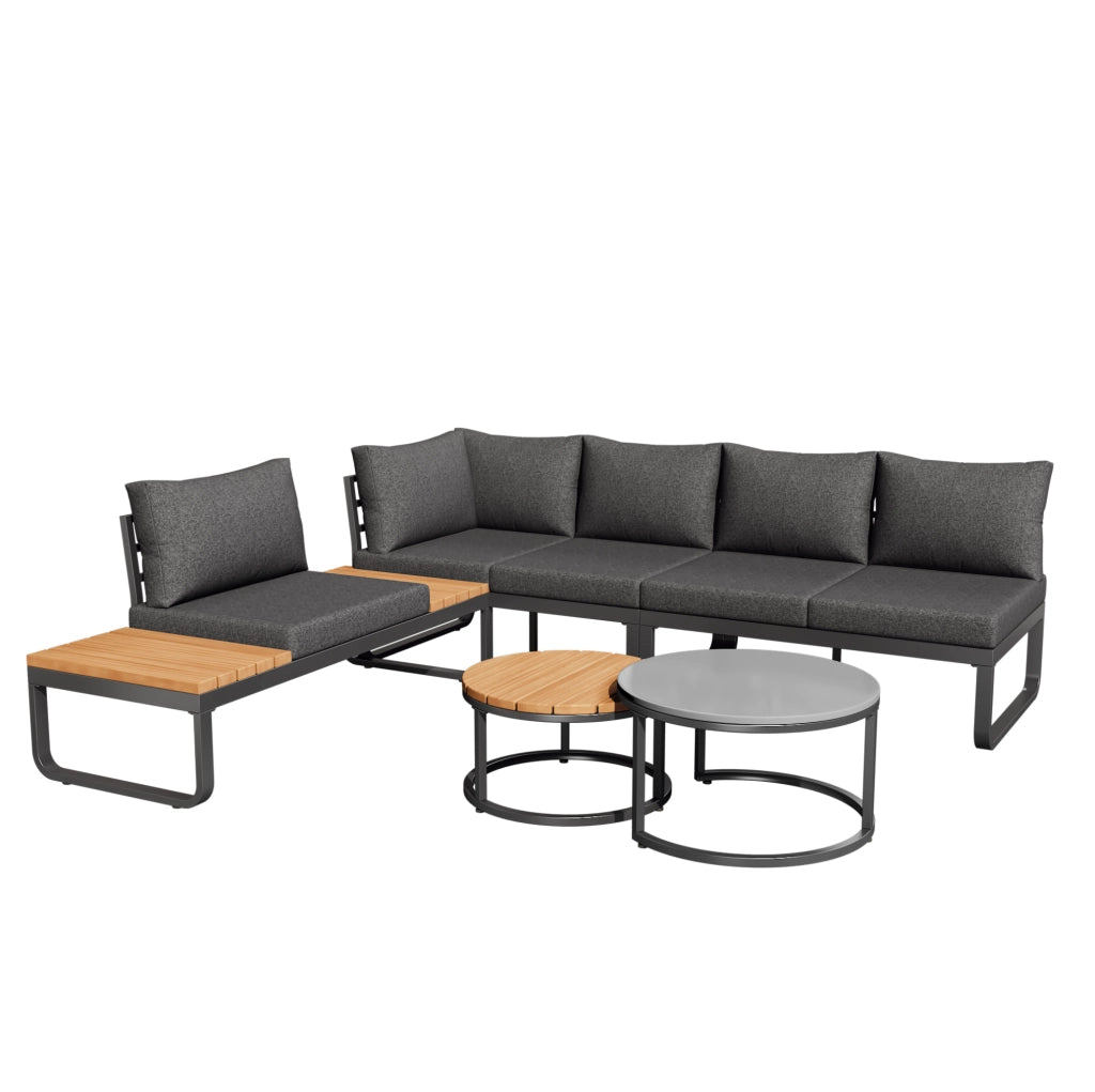 Set da giardino 5 posti con cuscini e 2 tavolini sovrapponibili; ferro zincato grigio
