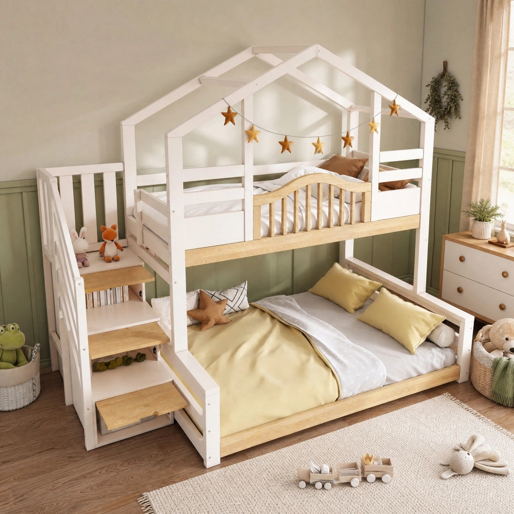 Letto a castello per bambini in legno bianco e naturale 90x200/140x200 con scala contenitore