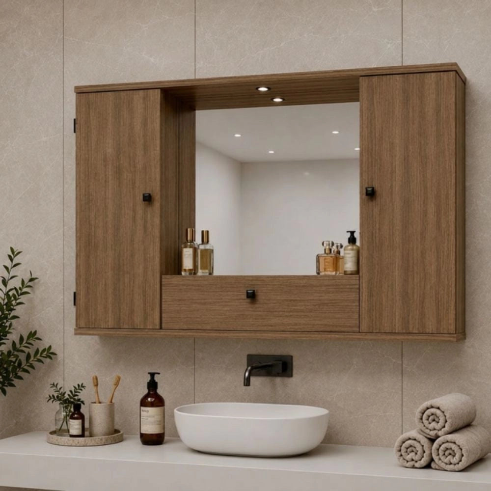 Mobile bagno pensile 3 ante con Specchio colore noce naturale 93x14x61H