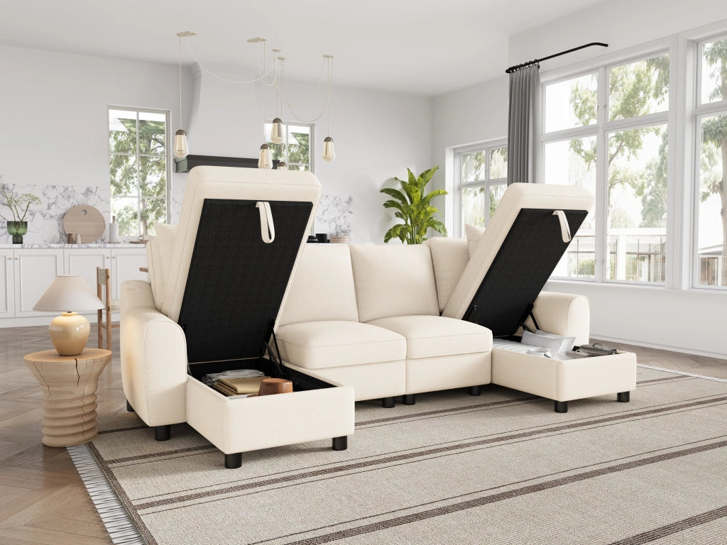 Divano panoramico a U modulare con contenitore e cuscini in chenille beige 280 × 137 × 84 cm