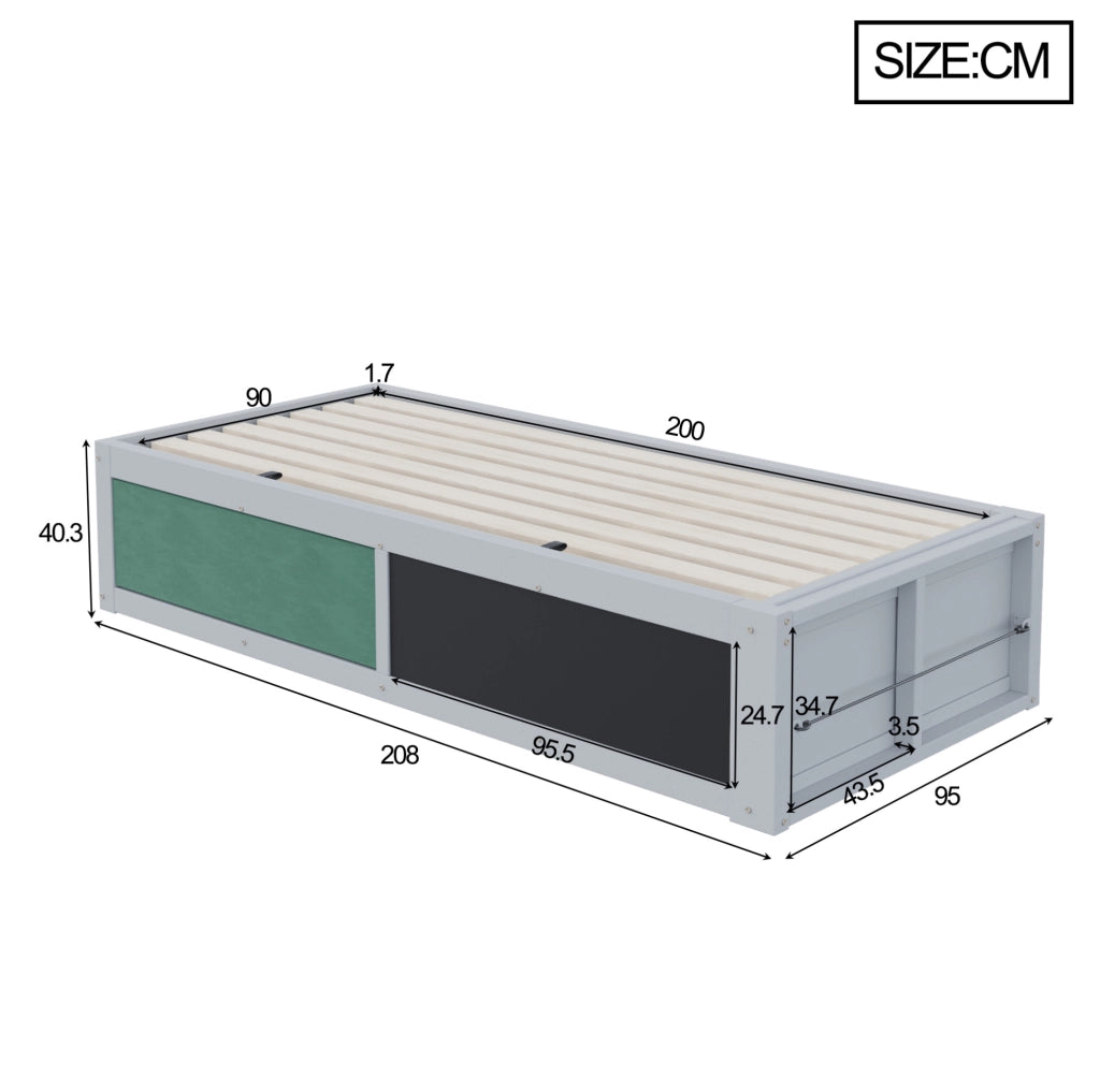 Letto per bambini 90x200 cm con contenitore idraulico; lavagna e spazio libri in legno grigio