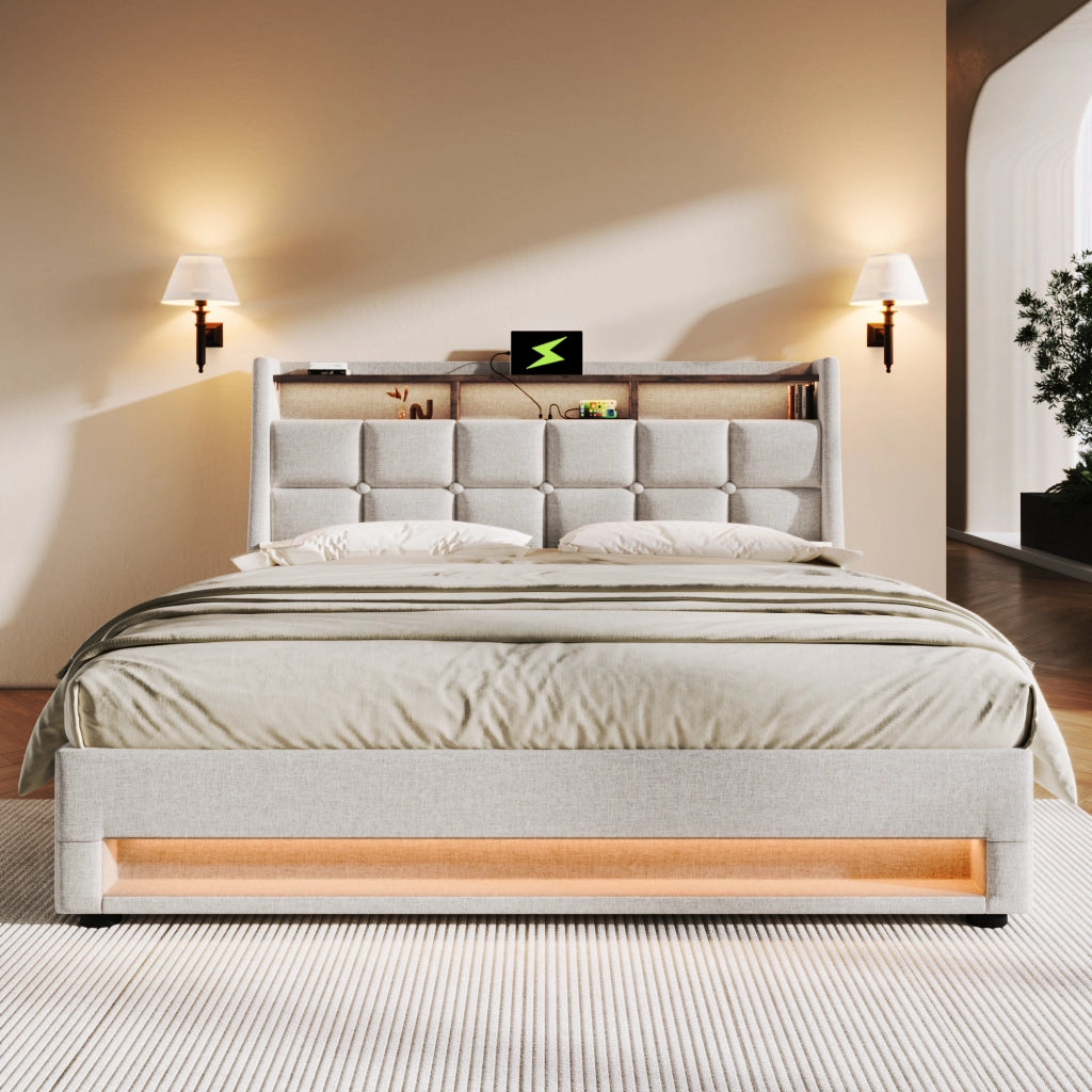 OKWISH Letto Contenitore 140×200 cm, Letto Matrimoniale con LED Regolabile, 2 USB e Mensola, senza Materasso, in Lino, Beige