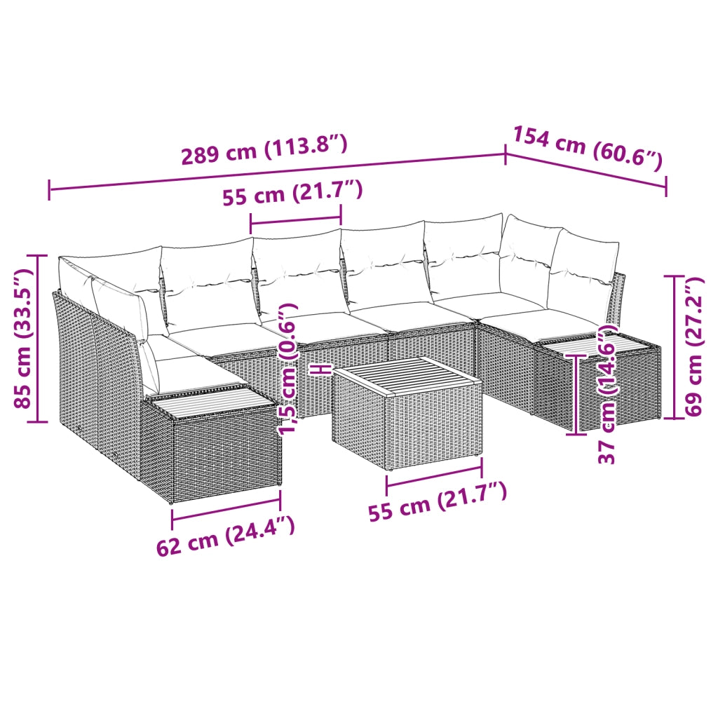 Set divano da giardino 8 pezzi con cuscini nero polyrattan acacia