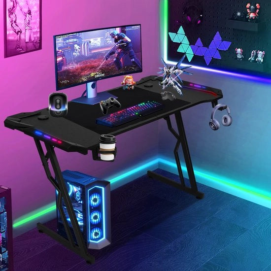Bureau da Gioco con Illuminazione LED, 140x60 cm, Incluso Panno RGB per Mouse, Scrivania da Gioco, Tavolo da Computer, Tavolo da Gioco