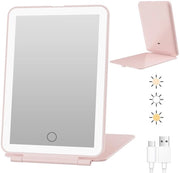 Specchio di trucco portatile con luce, specchio di viaggio con luce, specchio di trucco con luce 3 colori, touchscreen regolabile, specchio di trucco portatile con luce pieghevole (rosa)