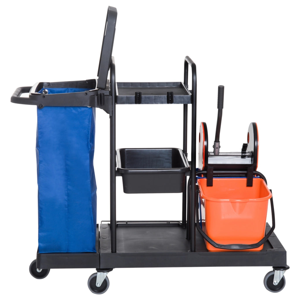 EasyComfort Carrello Pulizie Professionale a 3 Ripiani con Sacco per Immondizia, Ganci per Scopa, Secchio Lavapavimenti con Strizzatore per Mocio e 5 Ruote, per Hotel e Albergo, 111x63.3x103 cm, Nero