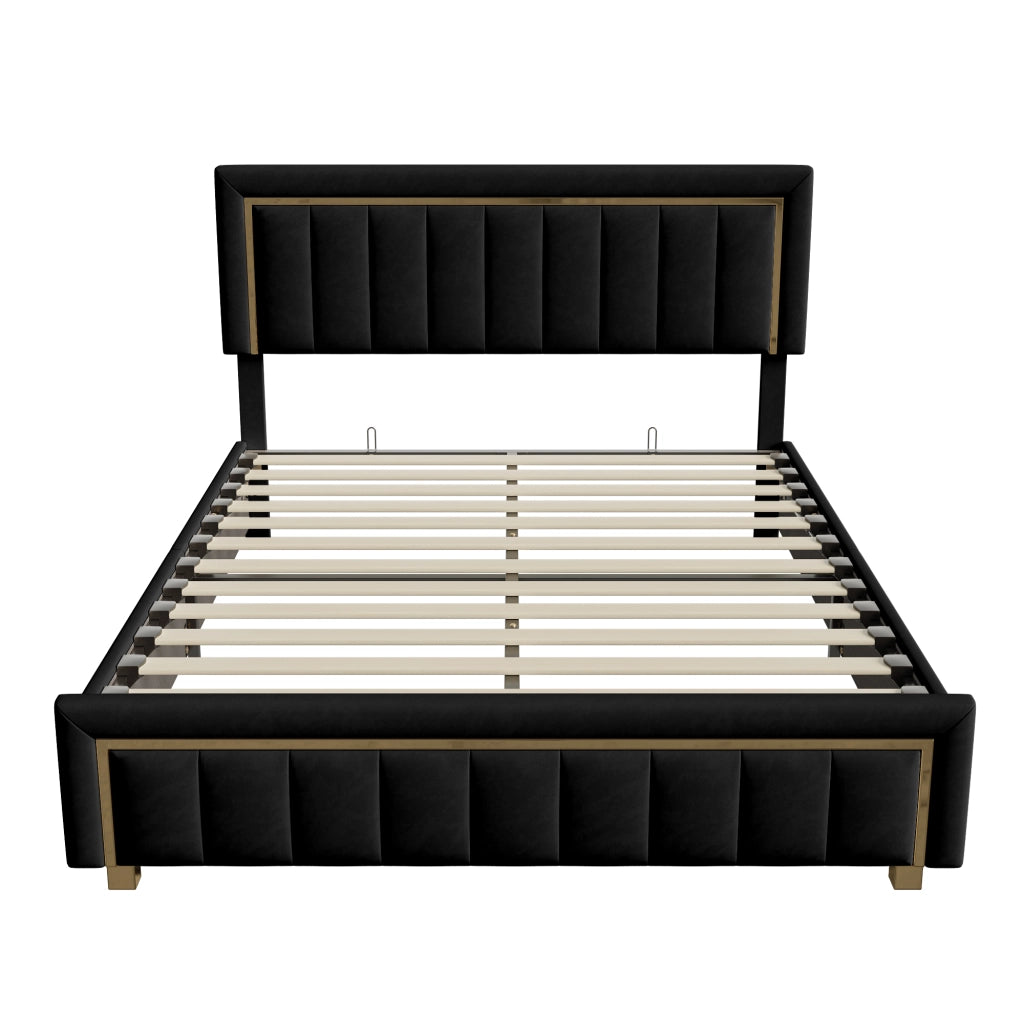 Letto matrimoniale con contenitore idraulico, velluto nero, testiera imbottita con finiture dorate, struttura robusta, dimensioni 140x200 cm, max portata 250 kg