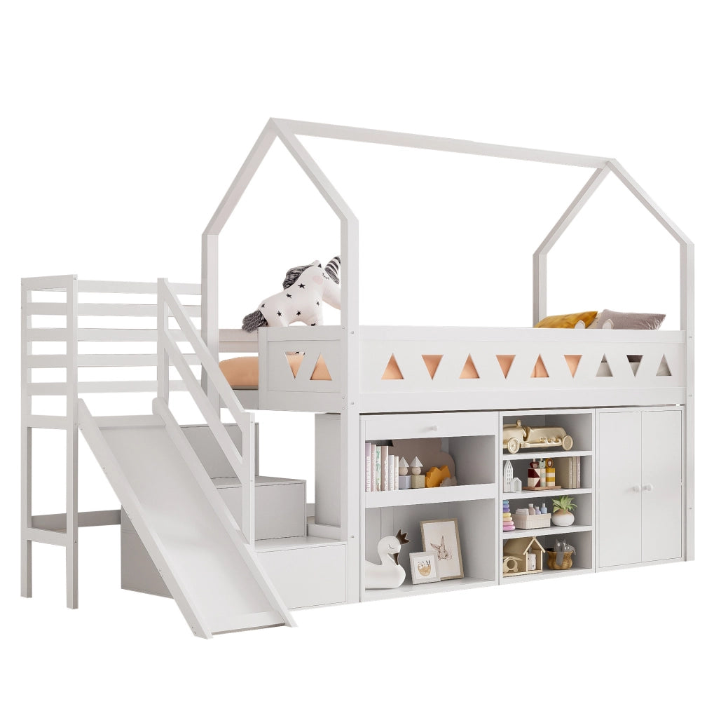 Letto per bambini multifunzionale con scivolo, scale e contenitori 90x200 cm