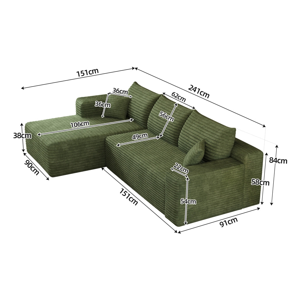 Divano angolare in tessuto con schiuma elastica e linee fluide senza montaggio verde 241 × 151 × 58 cm
