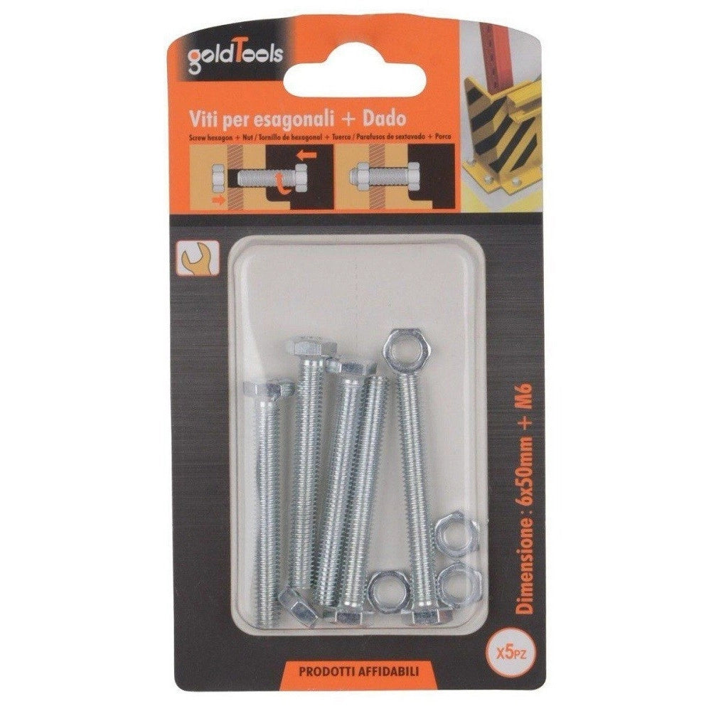 Trade Shop - Set 5 Pz Vite Viti Per Esterno A Testa Esagonali 6x50 Mm Con Dadi Dado M6 90918 -