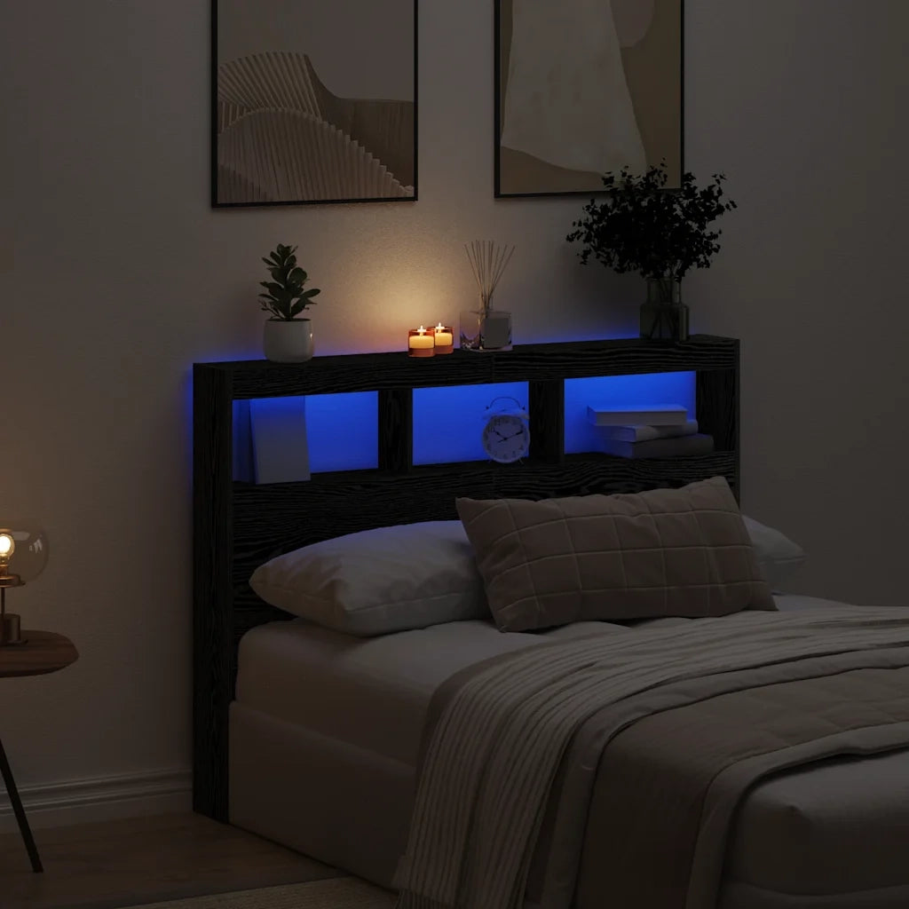Testiera | Testata con Contenitore a LED Rovere Nero 140x17x102 cm