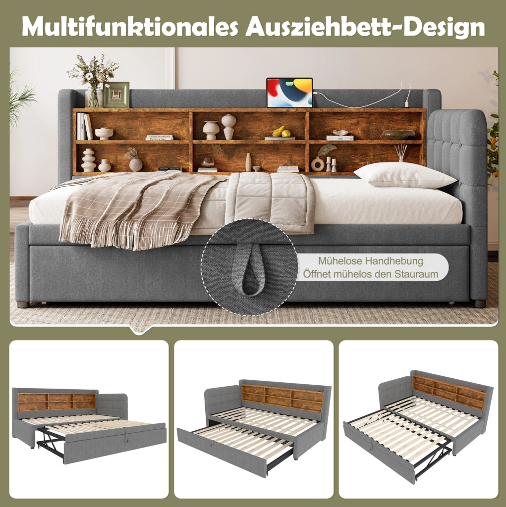 Letto daybed estraibile con testiera imbottita e prese di ricarica