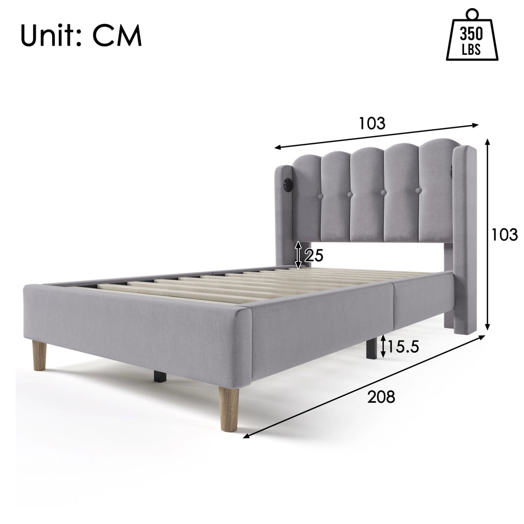 OKWISH Letto Singolo 1 Posto, USB e USB-C, 90 x 200 cm, Con Materasso, Testiera Imbottita, Grigio