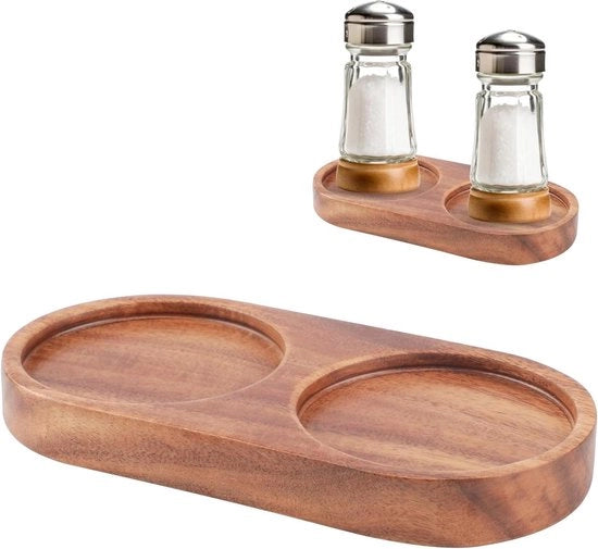 Set di macinatura del sale e del pepe in legno con piatto di servizio - Diametro 6,3 cm - Adatto per aromi, erbe, candele - In legno di acacia marrone - Incluso sostegno.