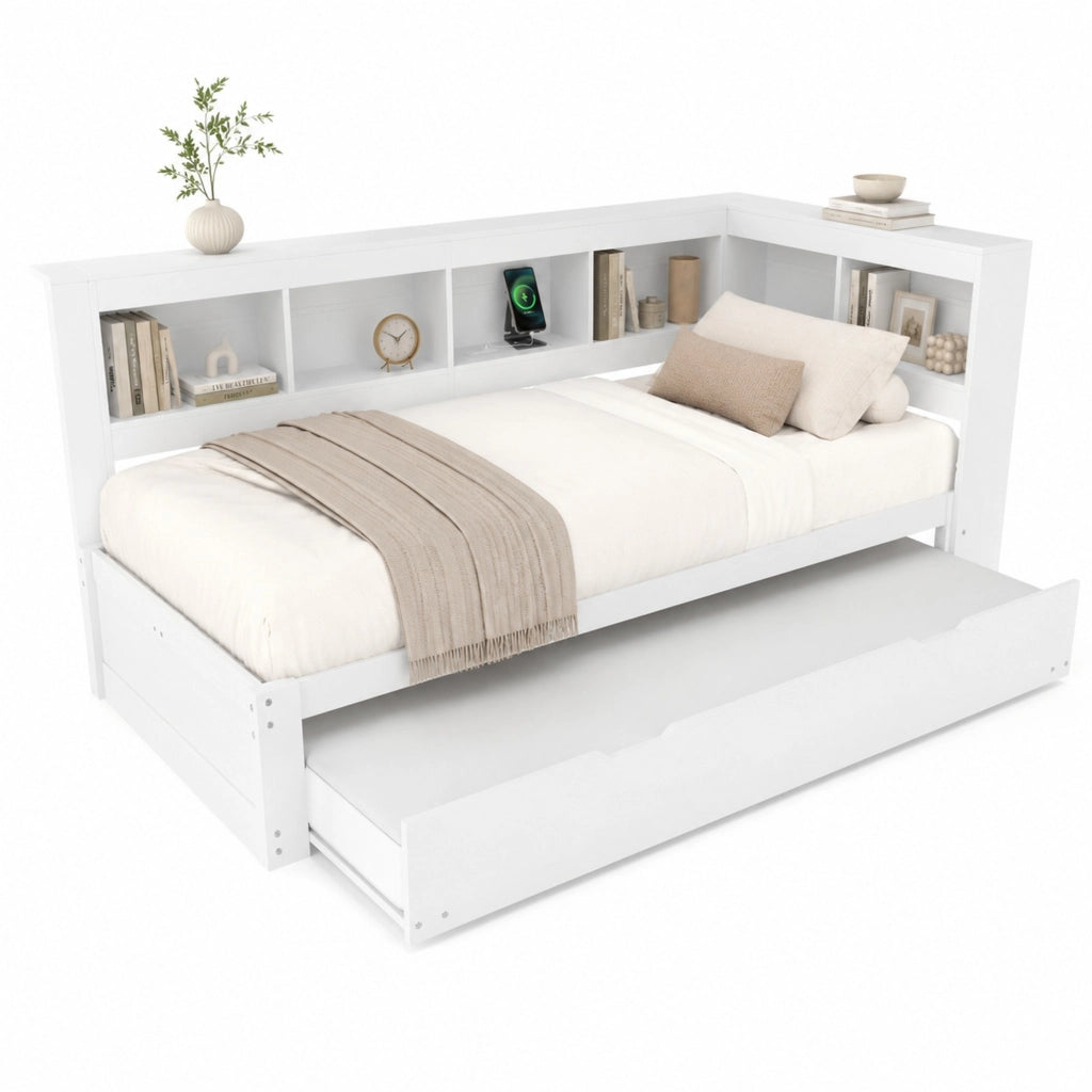 Divano letto estraibile 90 x 200 cm con prese e USB, bianco