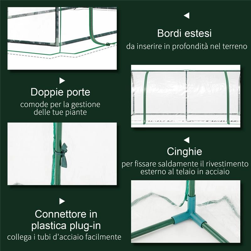 SERRA DA GIARDINO A TUNNEL IN ACCIAIO E CON COPERTURA IN PVC, 200X100X80 CM, TRASPARENTE E VERDE