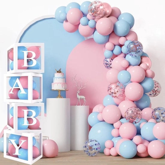 Set di palloni per rivelazione del sesso con palloni di scatole di bebè, girlande palloncini rosa blu e palloni con lettere con confetti