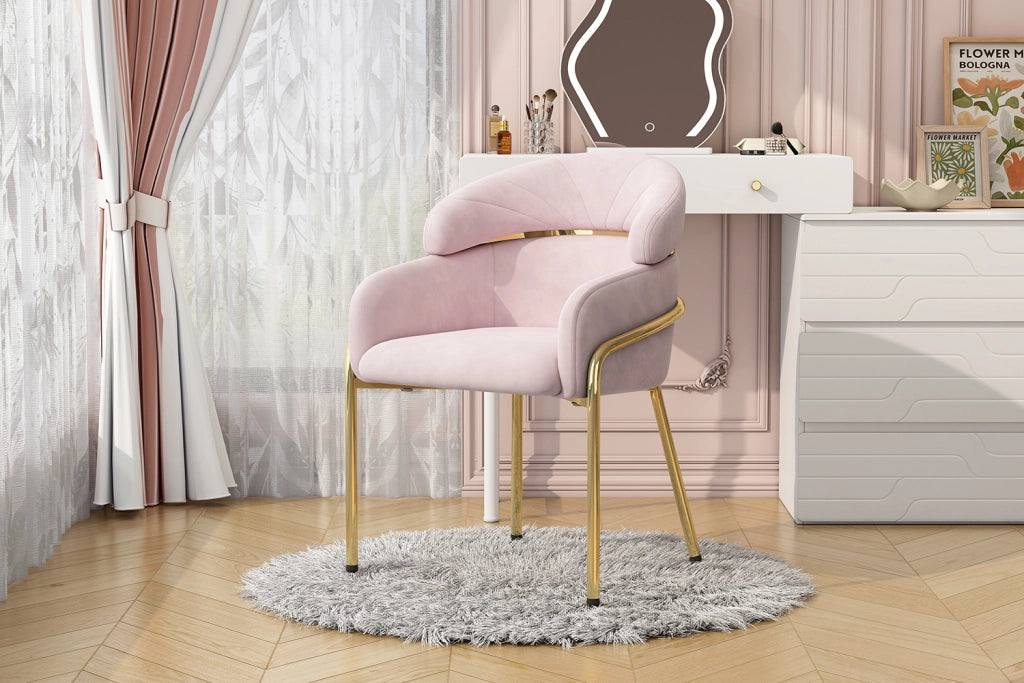 Sedia da pranzo in velluto rosa con gambe in metallo, stile moderno per soggiorno e camera da letto