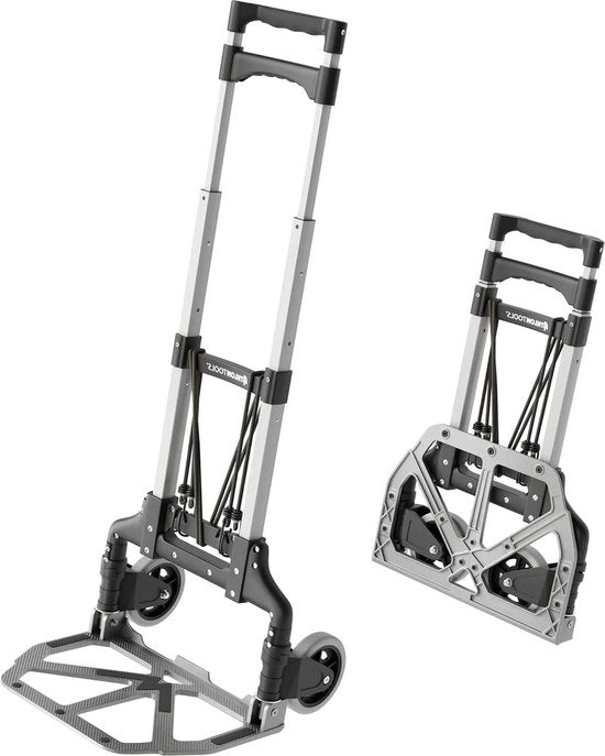 Carrello trasportatore pieghevole in alluminio - maniglia telescopica extra lunga 110 cm - superficie carico con gomme antiscivolo - ruote con freno a rullo - superficie di appoggio morbida - inclusi 2 cavi espansione