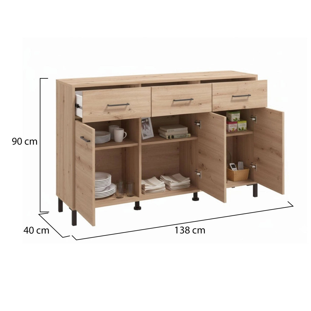 Madia Laerru, Credenza 3 Cassetti, 138x40x90h cm Marrone Rovere Nodi
