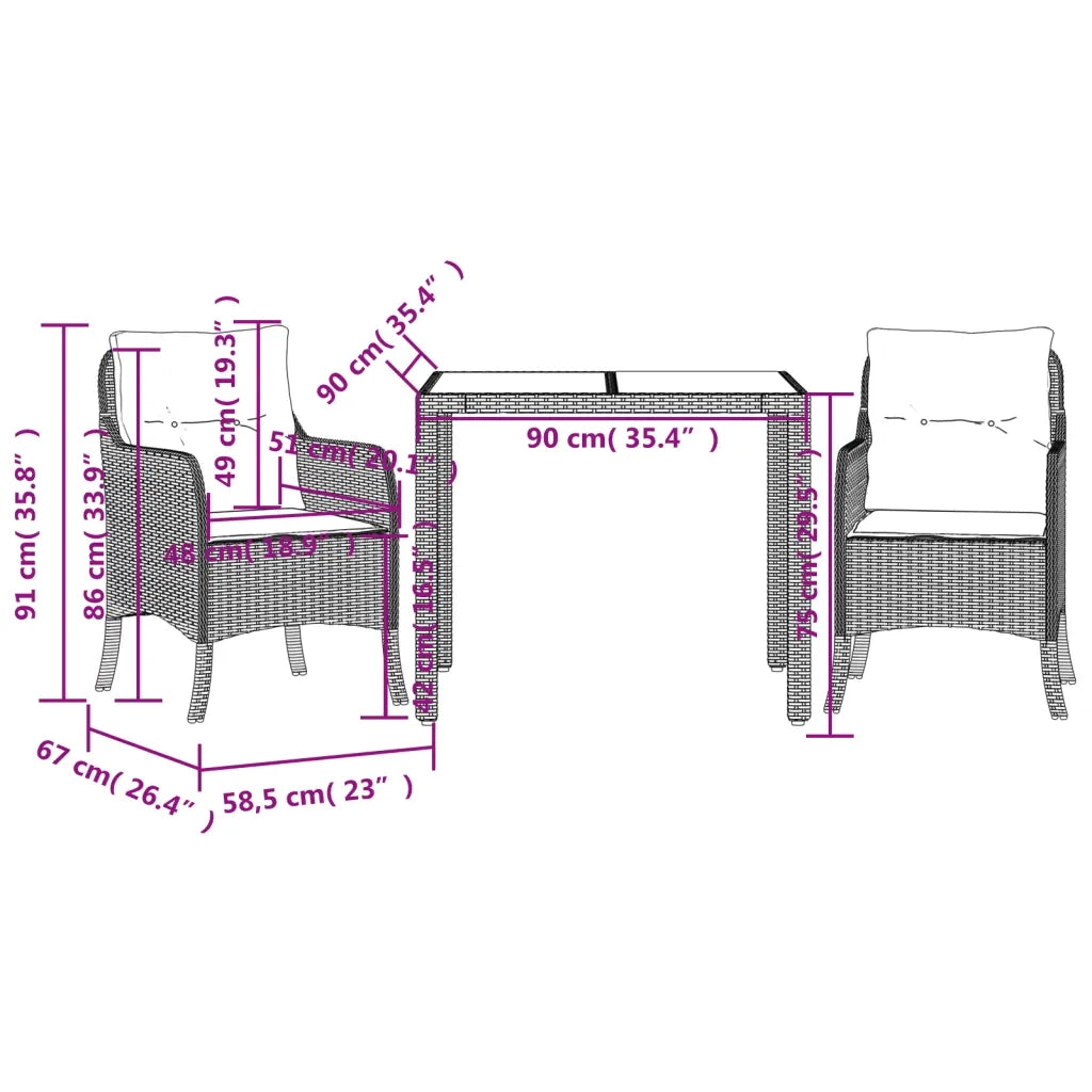 Set da Pranzo da Giardino 3 pz con Cuscini Nero in Polyrattan 3211842