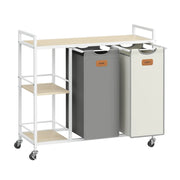 Cesto portabiancheria a 2 scomparti capacità 100 litri cestino con ruote carrello con ripiani sacco e tasche estraibili 6 etichette beige 12_0006652